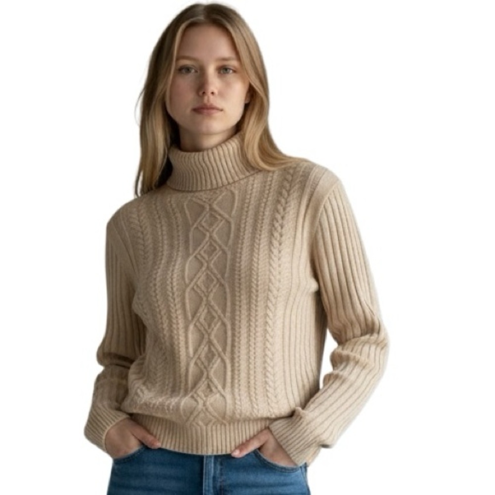 ASOS Cable Knit Turtleneck Cardigan Size Medium Tan